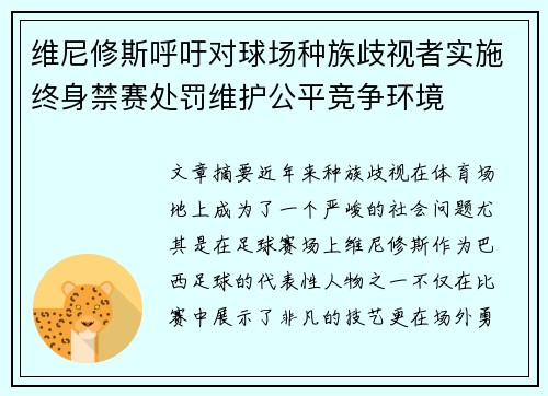 维尼修斯呼吁对球场种族歧视者实施终身禁赛处罚维护公平竞争环境