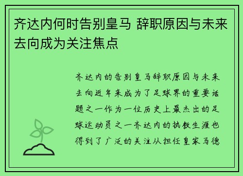 齐达内何时告别皇马 辞职原因与未来去向成为关注焦点 齐达内何时告别皇马 辞职原因与未来去向成为关注焦点