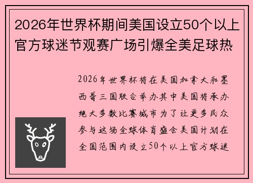 2026年世界杯期间美国设立50个以上官方球迷节观赛广场引爆全美足球热潮 2026年世界杯期间美国设立50个以上官方球迷节观赛广场引爆全美足球热潮