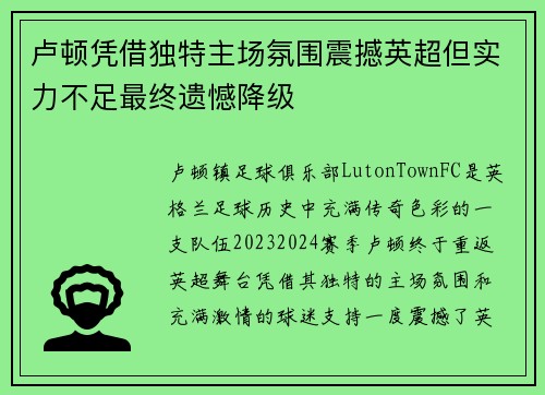 卢顿凭借独特主场氛围震撼英超但实力不足最终遗憾降级 卢顿凭借独特主场氛围震撼英超但实力不足最终遗憾降级